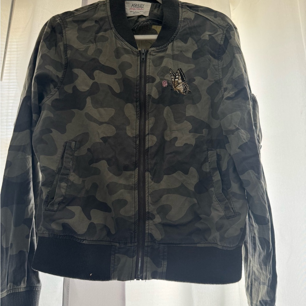 Camouflage Bomber Jacket with Butterfly Patch